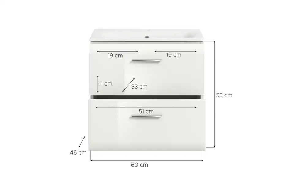 Waschtisch inkl. Waschbecken, Bemaßung