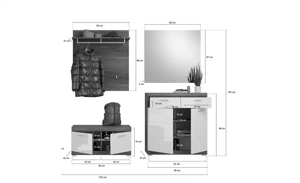 Garderoben-Set, Bemaßung