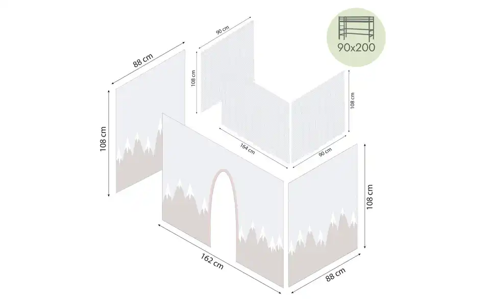 Hoppekids Vorhang Mittelhochbett 90x200, Bemaßung