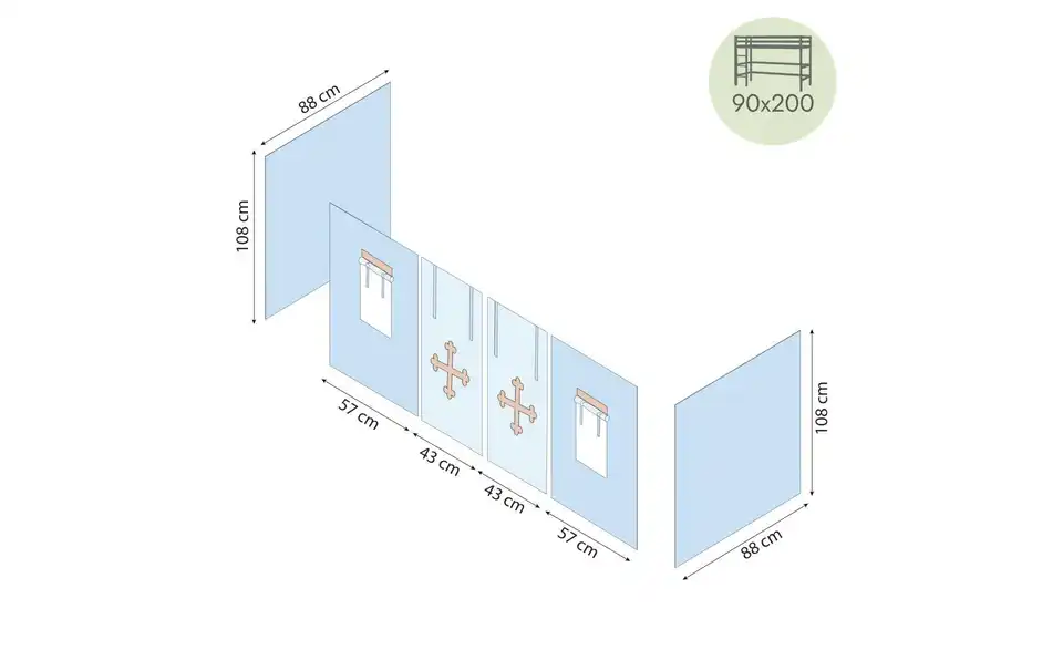 Hoppekids Vorhang Mittelhochbett 90x200, Bemaßung