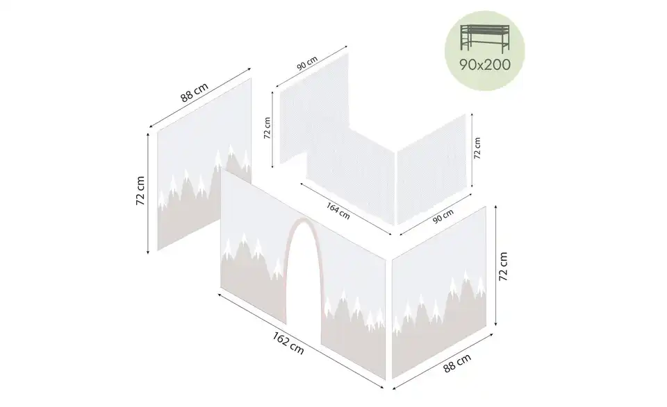Hoppekids Vorhang für Spielbett 90x200, Bemaßung