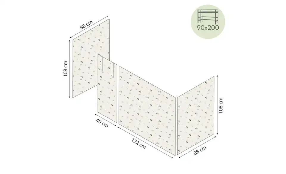 Hoppekids Vorhang Mittelhochbett 90x200, Bemaßung