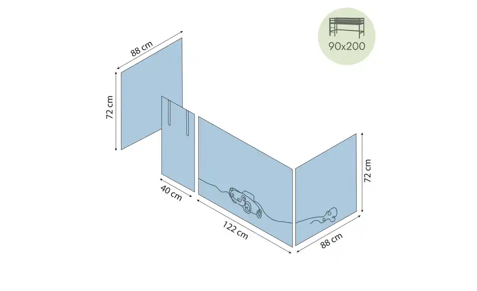 Hoppekids Vorhang für Spielbett 90x200, Bemaßung