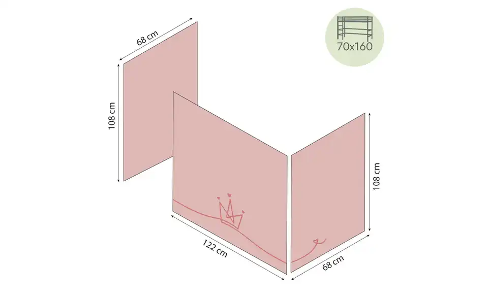 Hoppekids Vorhang Mittelhochbett 70x160, Bemaßung