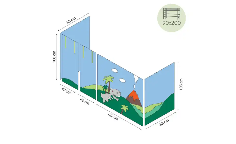 Hoppekids Vorhang Mittelhochbett 90x200, Bemaßung