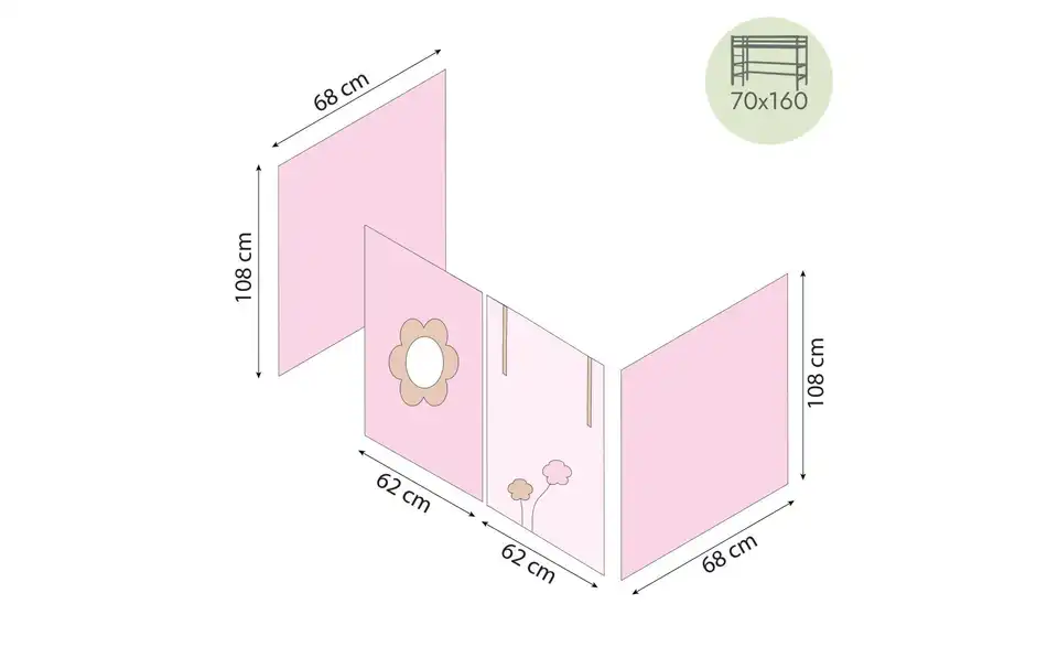 Hoppekids Vorhang Mittelhochbett 70x160, Bemaßung