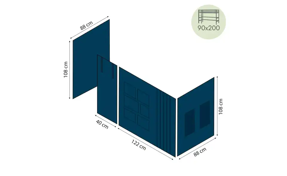 Hoppekids Vorhang Mittelhochbett 90x200, Bemaßung