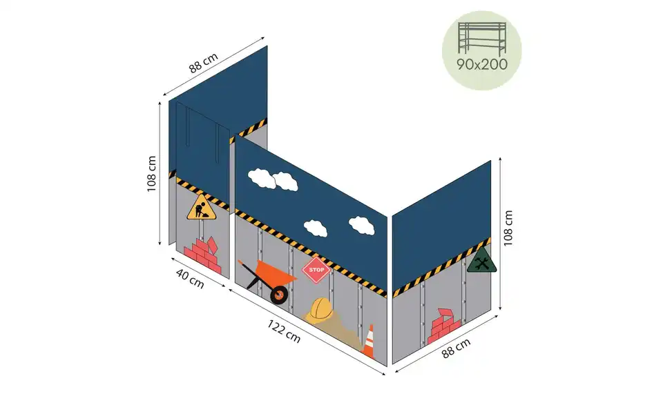 Hoppekids Vorhang Mittelhochbett 90x200, Bemaßung