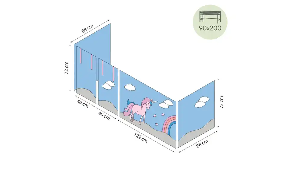 Hoppekids Vorhang für Spielbett 90x200, Bemaßung