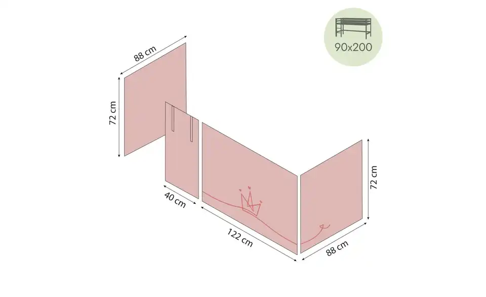 Hoppekids Vorhang für Spielbett 90x200, Bemaßung