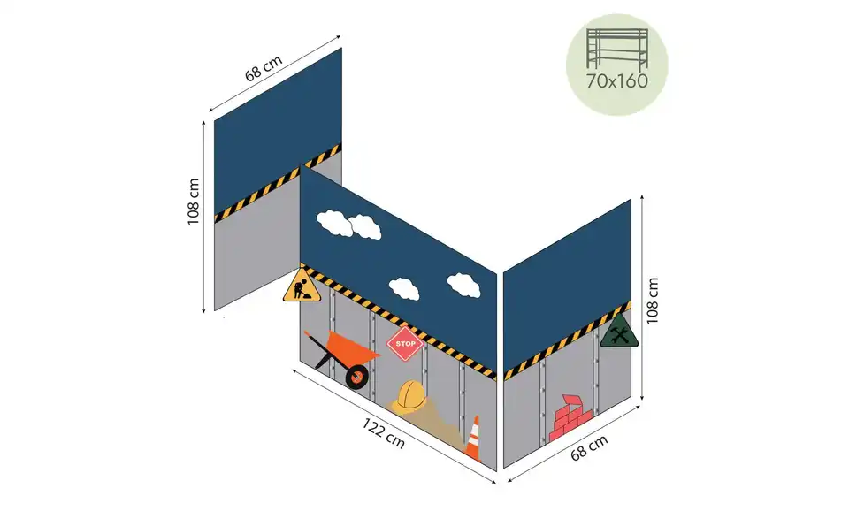 Hoppekids Vorhang Mittelhochbett 70x160, Bemaßung