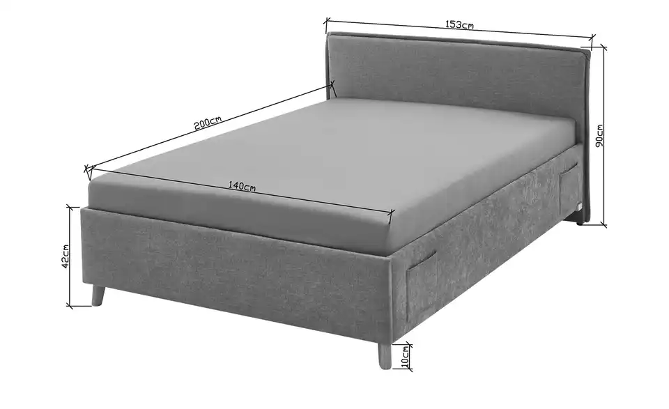 Polsterbett mit trendiger Kederumrahmung, Bemaßung