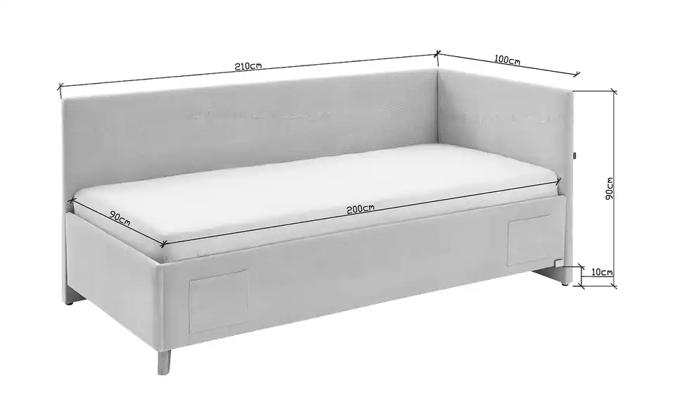 Polsterbett in Cord, Bemaßung