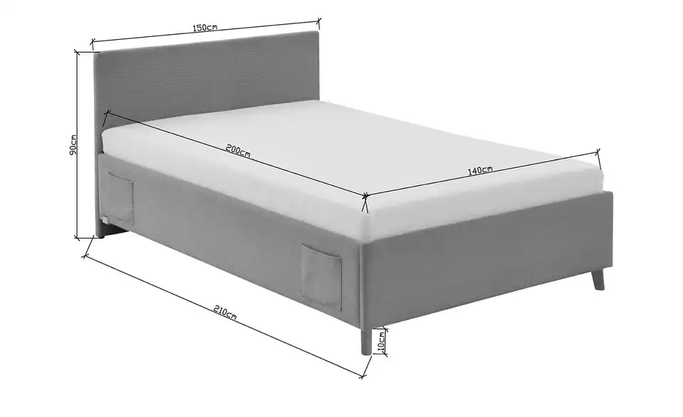 Polsterbett in Cord, Bemaßung