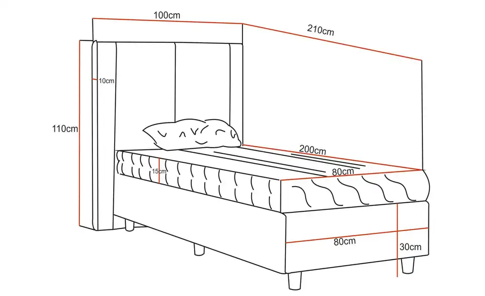 Boxbett mit Matratze, Bemaßung