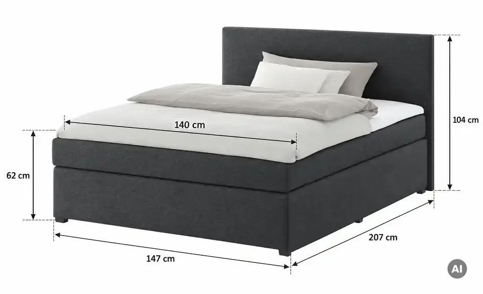 Boxspringbett mit Matratze und Topper, H3, Bemaßung