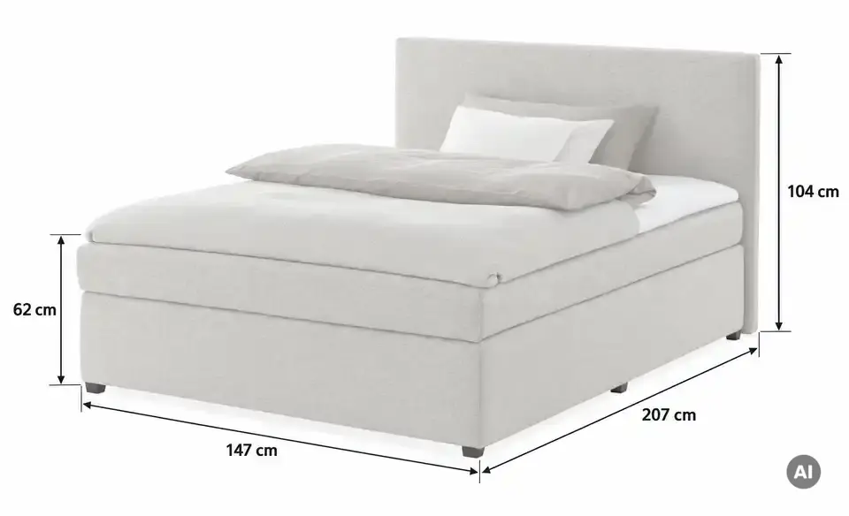 Boxspringbett mit Matratze und Topper, H3, Bemaßung