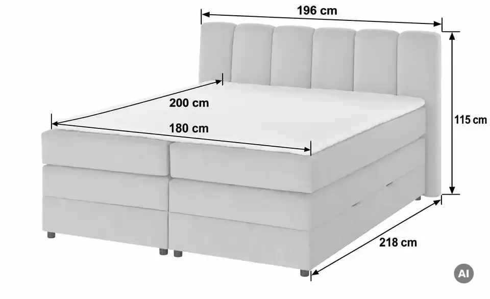 Boxspringbett mit Bettkasten, Bemaßung