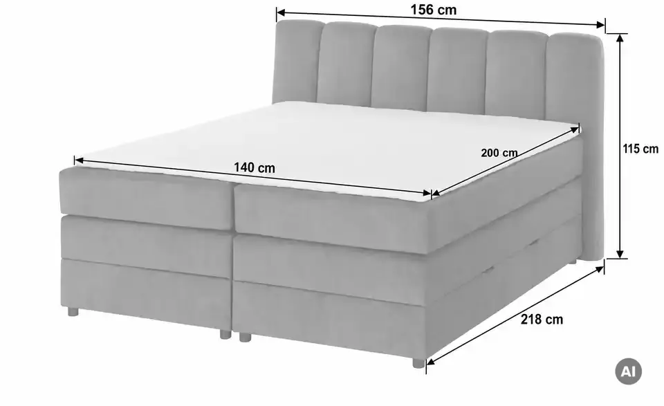 Boxspringbett mit Bettkasten, Bemaßung
