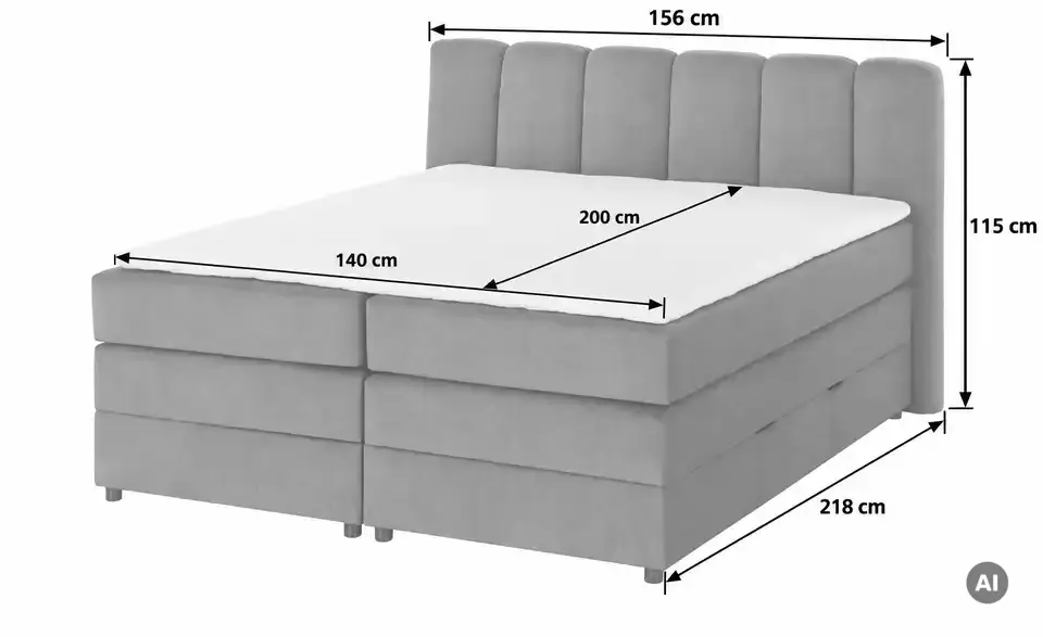 Boxspringbett mit Bettkasten, Bemaßung