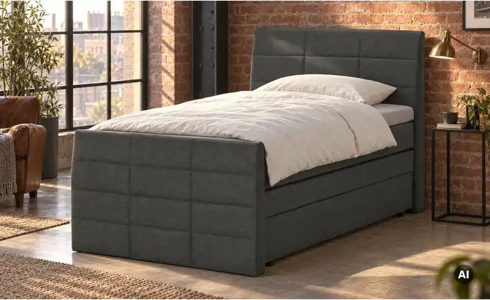 Boxspringbett mit Bettkasten und Topper, in Wohnsituation
