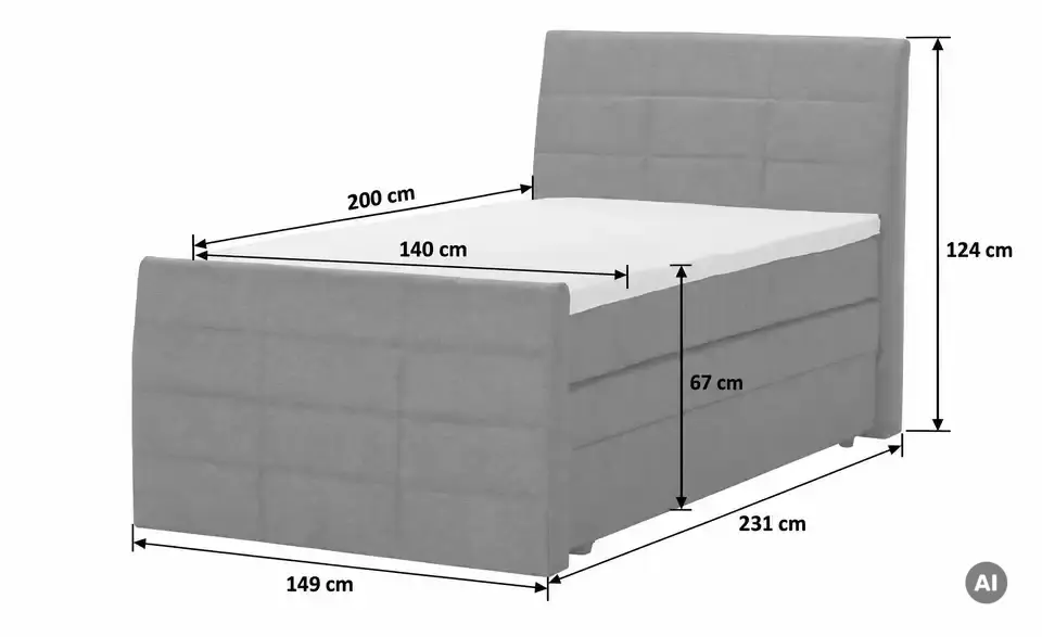 Boxspringbett mit Bettkasten und Topper, Bemaßung