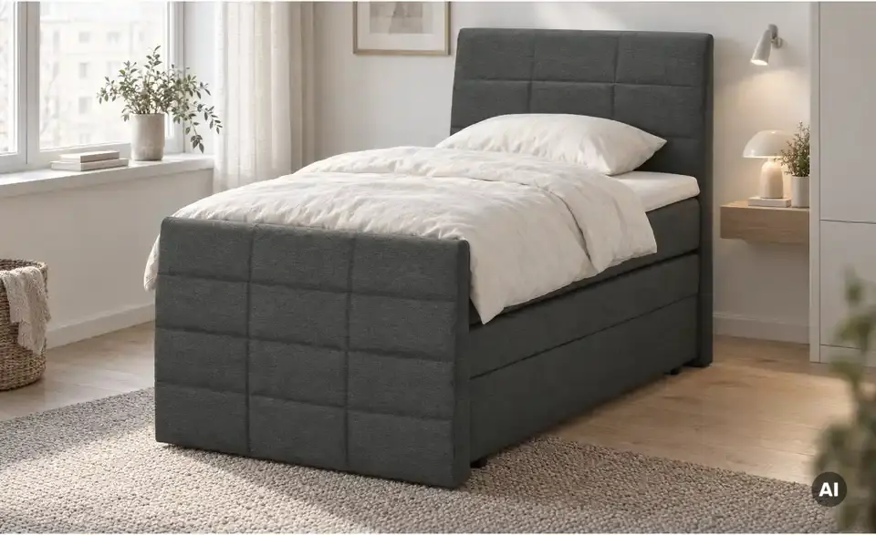 Boxspringbett mit Bettkasten und Topper, in Wohnsituation