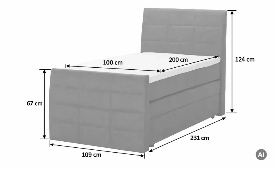 Boxspringbett mit Bettkasten und Topper, Bemaßung