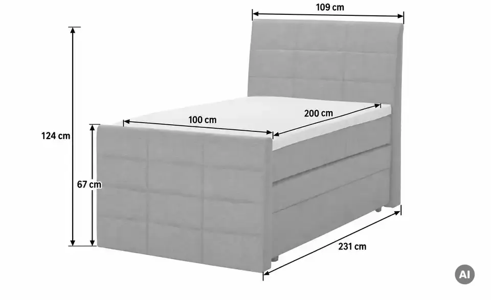 Boxspringbett mit Bettkasten und Topper, Bemaßung
