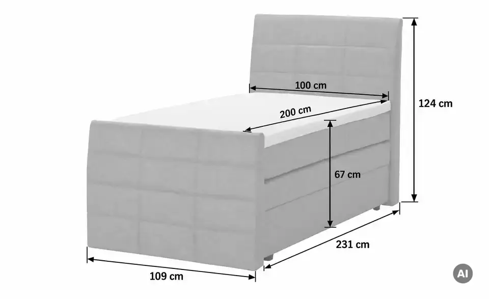 Boxspringbett mit Bettkasten und Topper, Bemaßung
