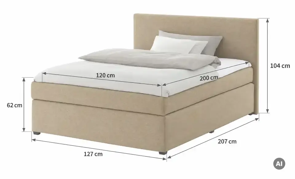 Boxspringbett mit Matratze und Topper, H3, Bemaßung