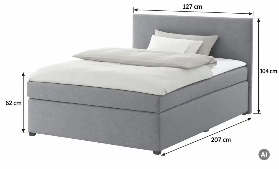 Boxspringbett mit Matratze und Topper, H3, Bemaßung