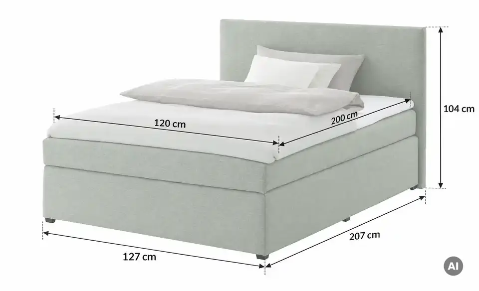 Boxspringbett mit Matratze und Topper, H3, Bemaßung