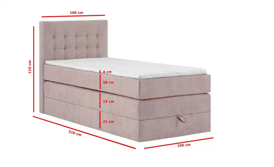 Boxspringbett mit Bettkasten, Bemaßung