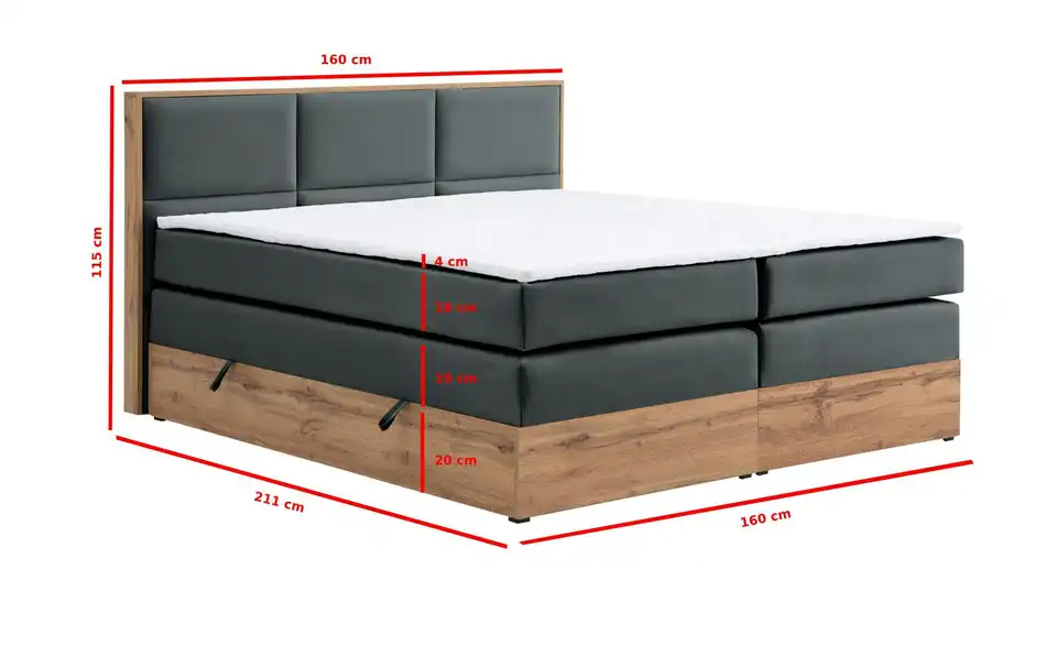 Boxspringbett mit Bettkasten, Bemaßung