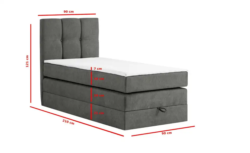 Boxspringbett mit Bettkasten, Bemaßung