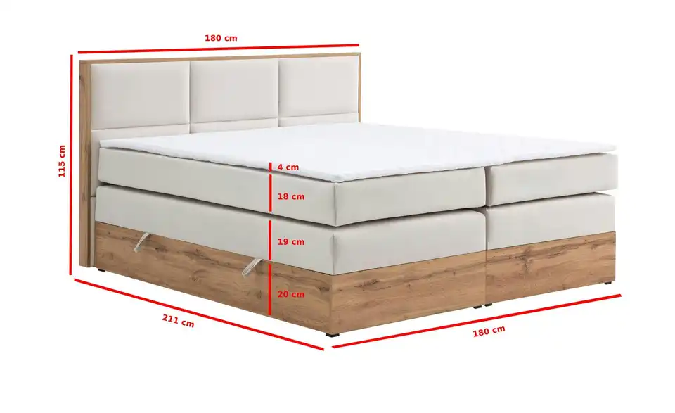 Boxspringbett mit Bettkasten, Bemaßung