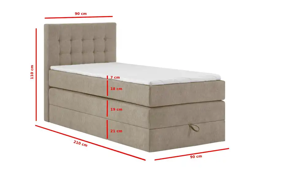 Boxspringbett mit Bettkasten, Bemaßung