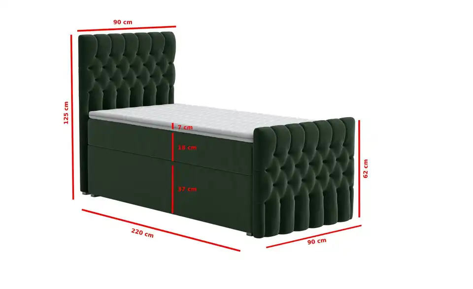 Boxbett mit Bettkasten und Fußteil, Bemaßung