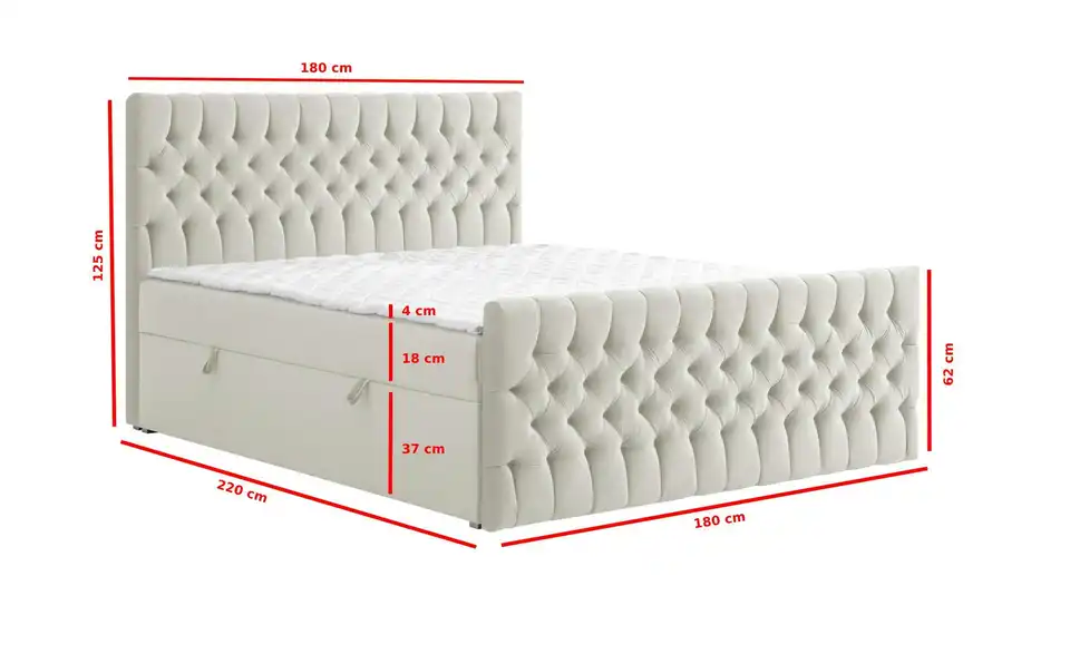 Boxbett mit Bettkasten und Fußteil, Bemaßung