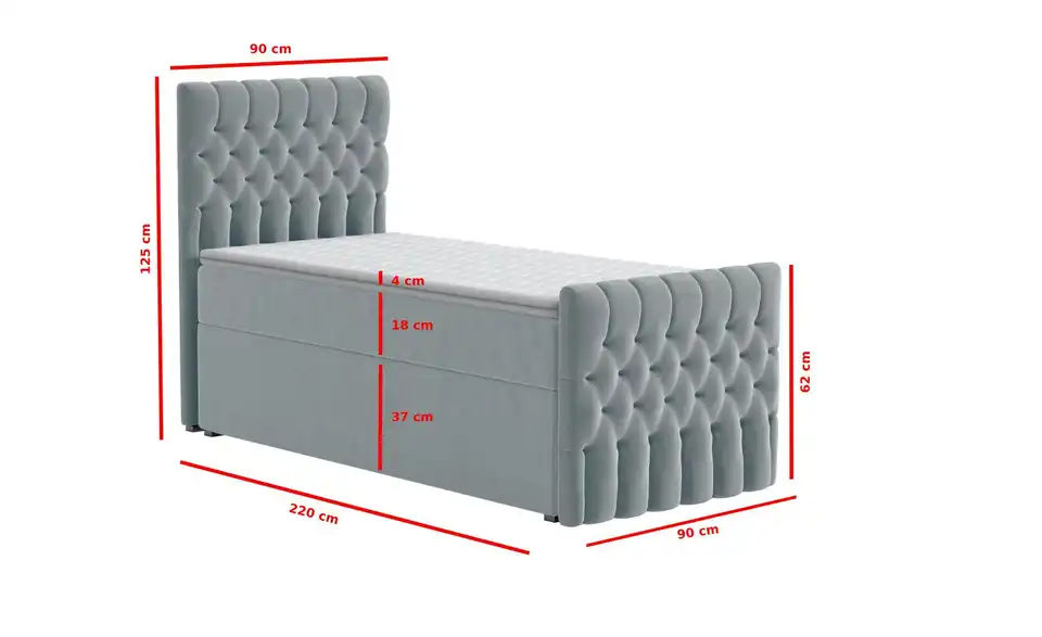 Boxbett mit Bettkasten und Fußteil, Bemaßung