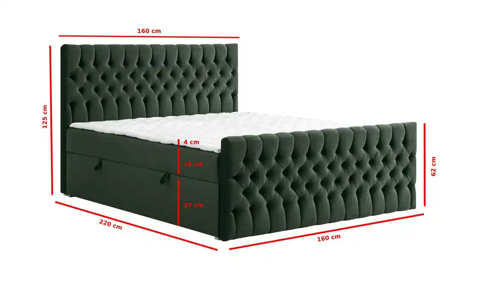 Boxbett mit Bettkasten und Fußteil, Bemaßung