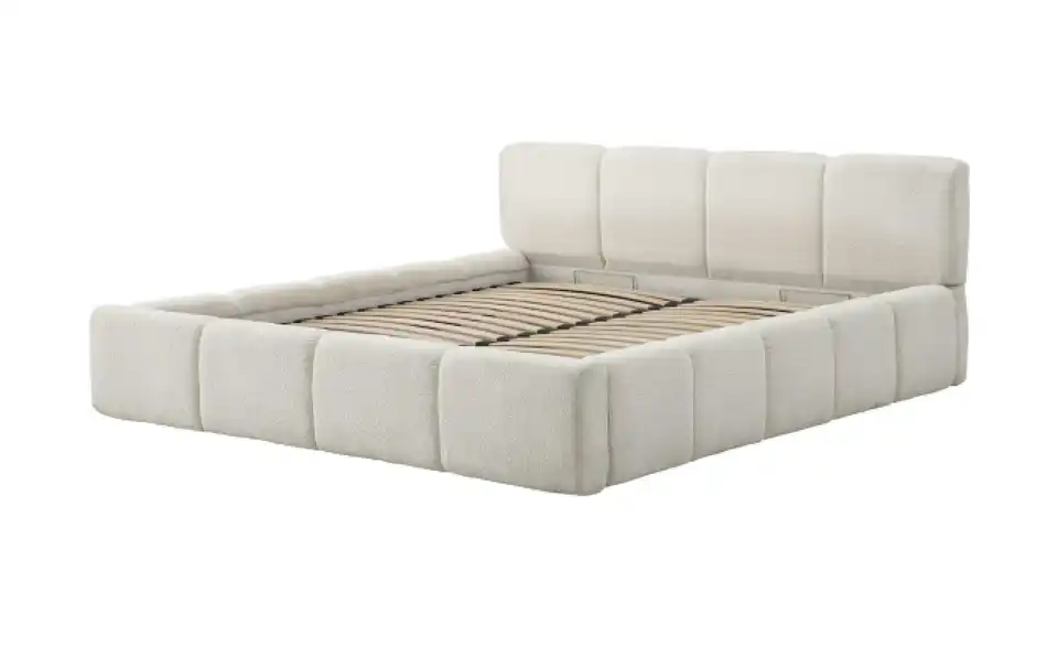 Polsterbett in cremefarbenem Bouclé, Perspektive
