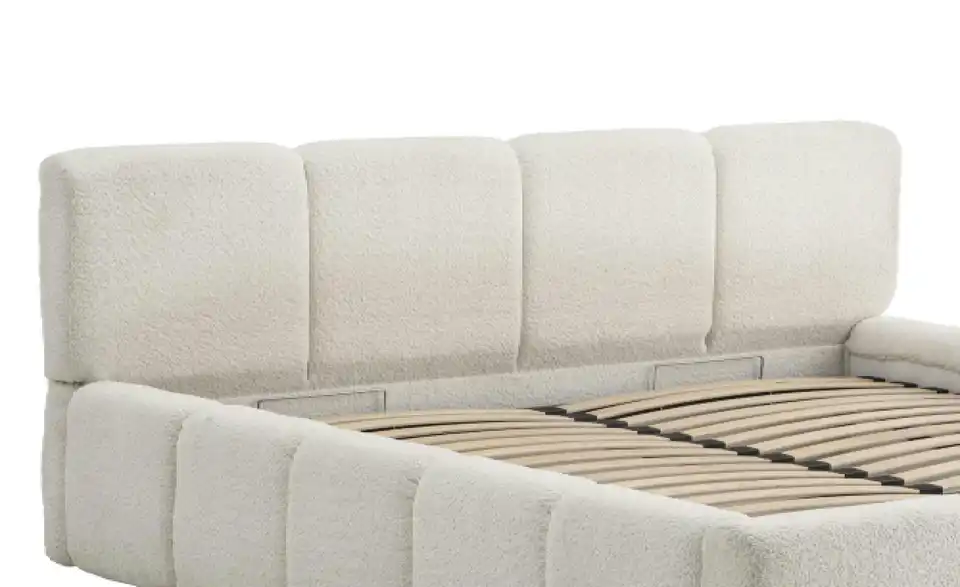 Polsterbett in cremefarbenem Bouclé, Detailansicht