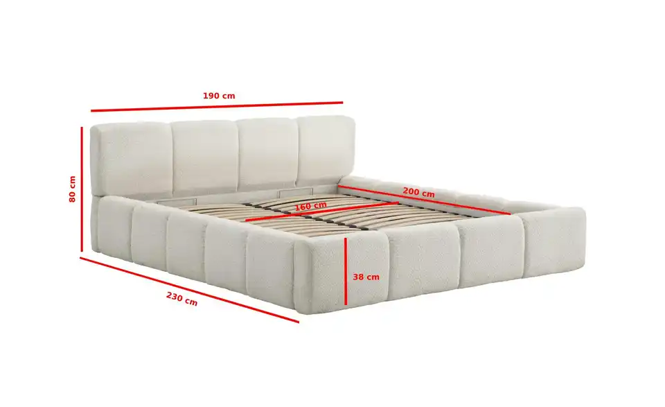 Polsterbett in cremefarbenem Bouclé, Bemaßung