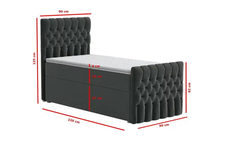 Boxbett mit Bettkasten und Fußteil, Bemaßung