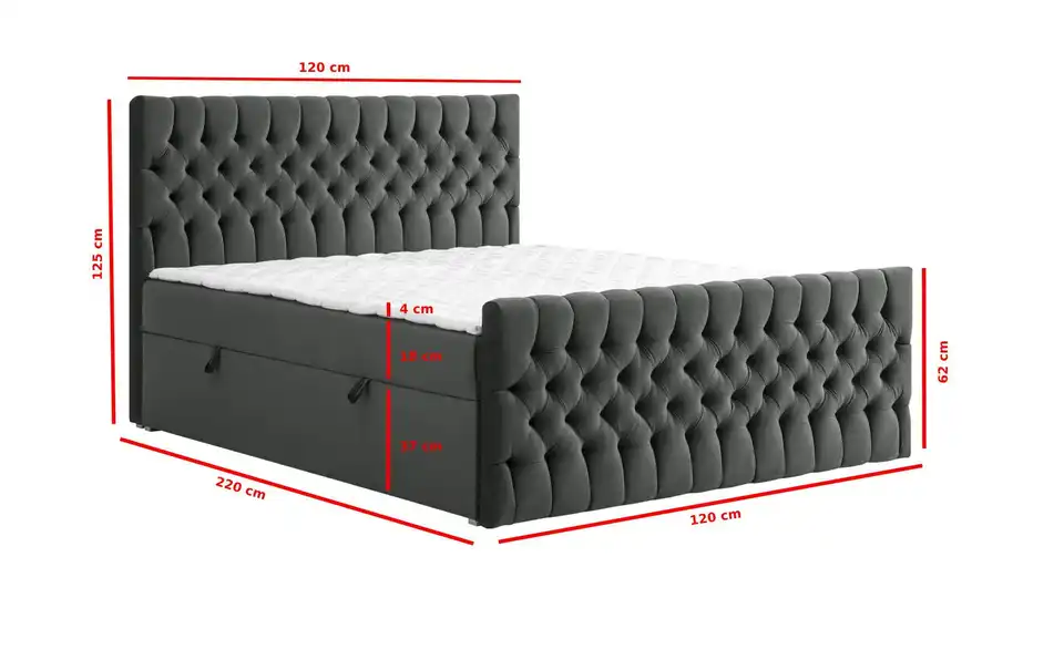 Boxbett mit Bettkasten und Fußteil, Bemaßung