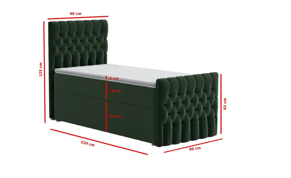 Boxbett mit Bettkasten und Fußteil, Bemaßung