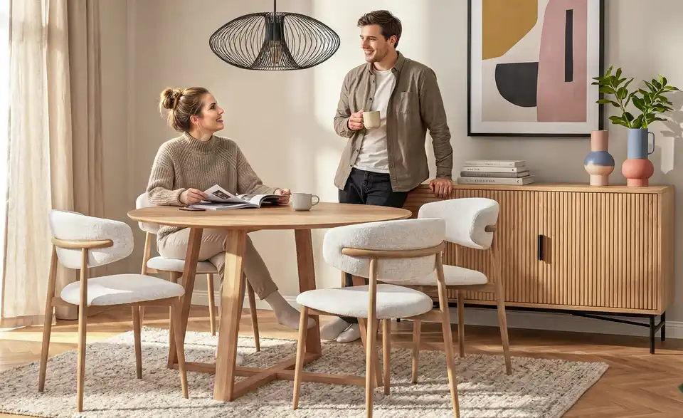 Runder Esstisch aus Massivholz, in Wohnsituation