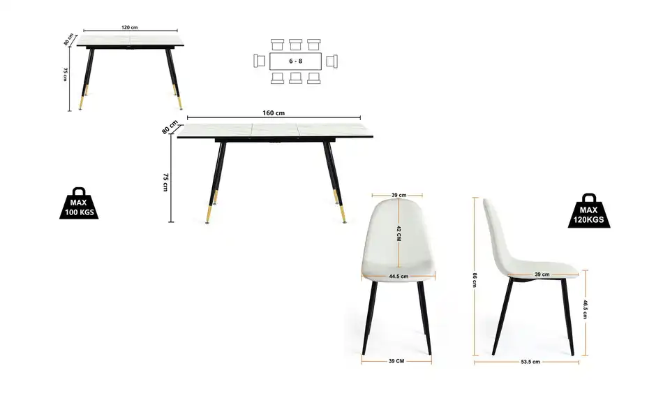 Esstischset, Bemaßung